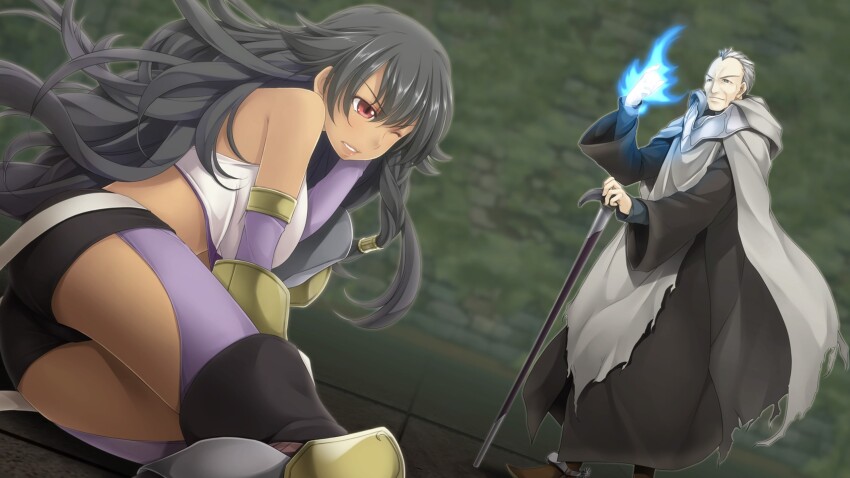 1boy, 1girl, atelier-moo, bare_shoulders, black_hair, breasts, cloak, closed_mouth