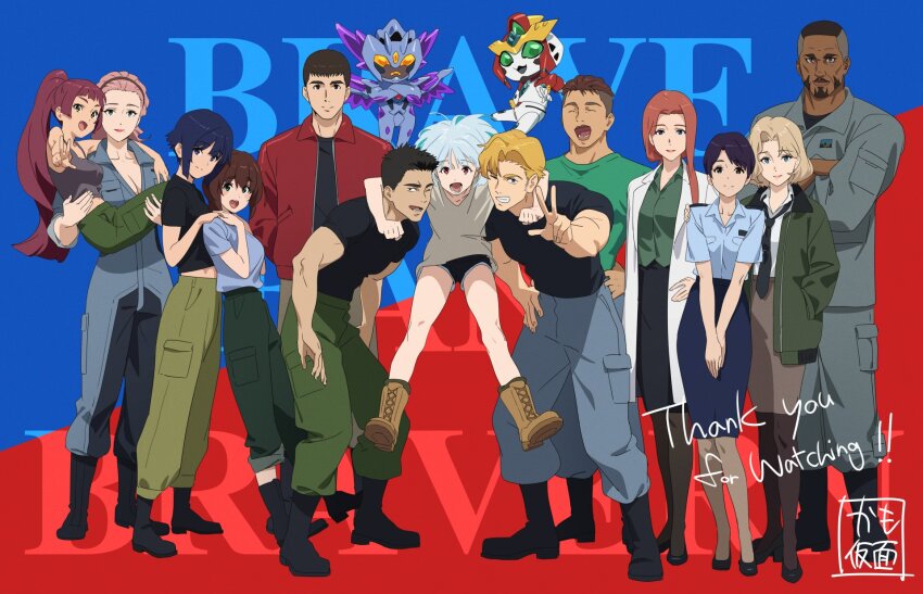 5boys, 6+girls, akira_mishima, ao_isami, black_hair, blonde_hair, blue_shirt, blush