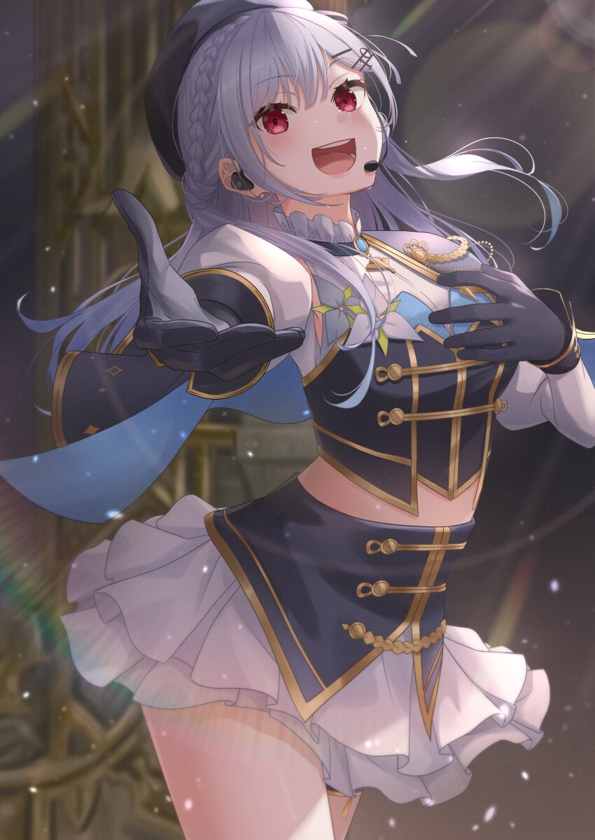 1girl, absurdres, arched_back, beckoning, beret, blue_cape, blue_collar, blue_gloves