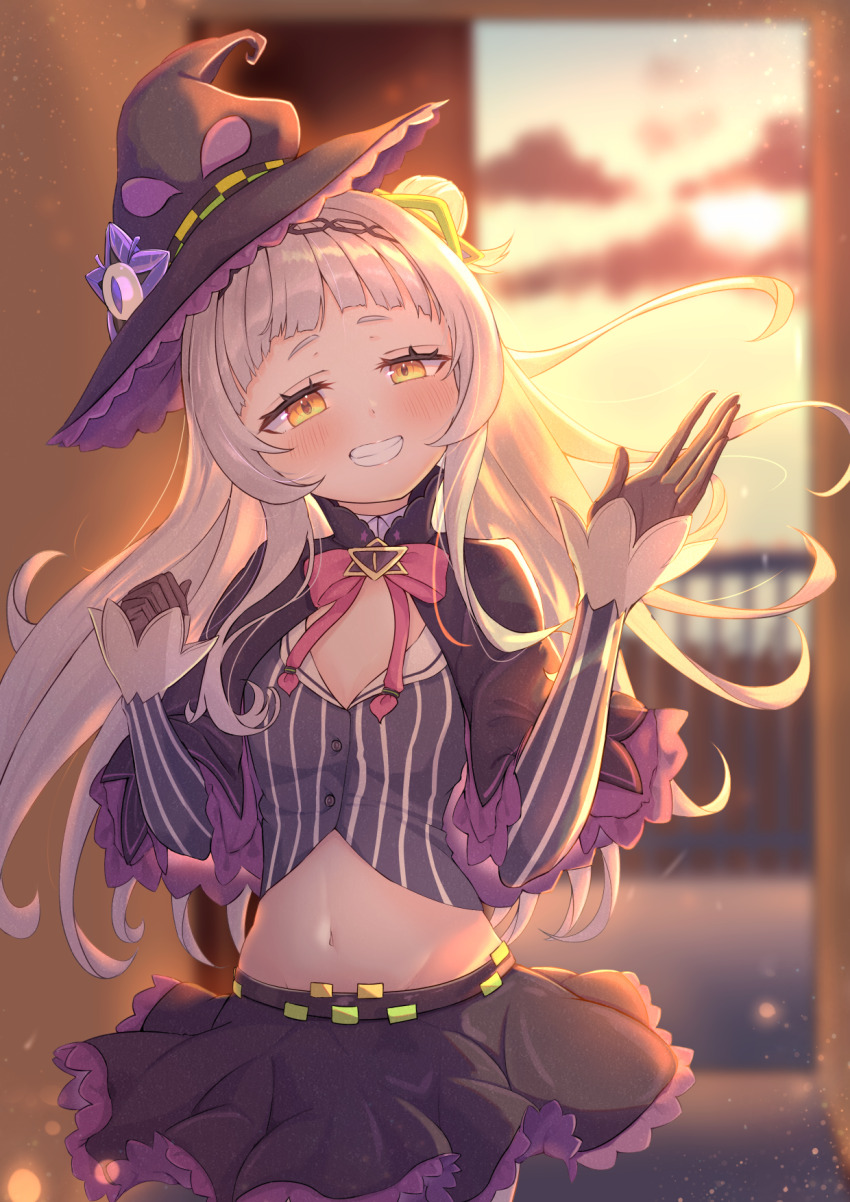 1girl, black_gloves, blush, breasts, capelet, cropped_shirt, gloves, grey_shirt