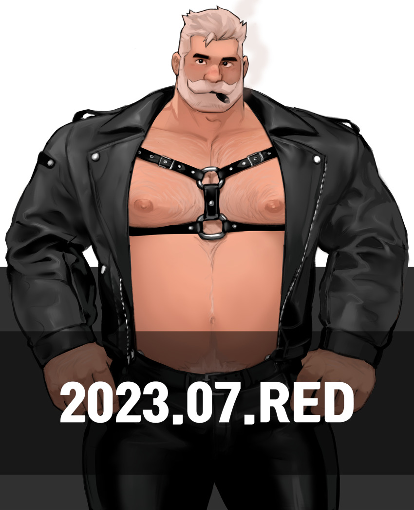 1boy, arms_at_sides, bara, beard, beard_over_mouth, belly, chest_belt, cigar, cowboy_shot, dated, dopey_(dopq), facial_hair, fat, fat_man, framed_pectorals, full_beard, highres, jacket, large_pectorals, leather, leather_jacket, looking_at_viewer, male_focus, mature_male, muscular, muscular_male, mustache, nipples, old, old_man, open_clothes, open_jacket, original, paid_reward_available, pectorals, short_hair, smoking, solo, sparse_chest_hair, thick_beard, thick_eyebrows, thick_mustache, watermark, white_hair