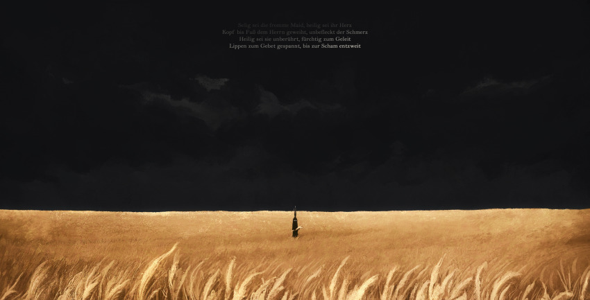 1boy, absurdres, album-aurum, black_sky, crown, dark_background, distant, field, german_text, highres, holding_wheat, imu_(one_piece), looking_at_viewer, no_mouth, one_piece, outdoors, silhouette, sky, solo, standing, wheat, wheat_field, white_eyes