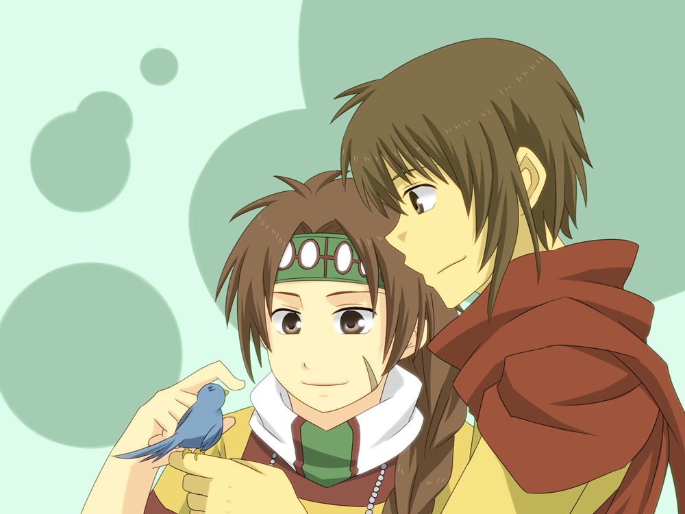1boy, 1girl, ayda, bird, braid, brown_eyes, brown_hair, cape