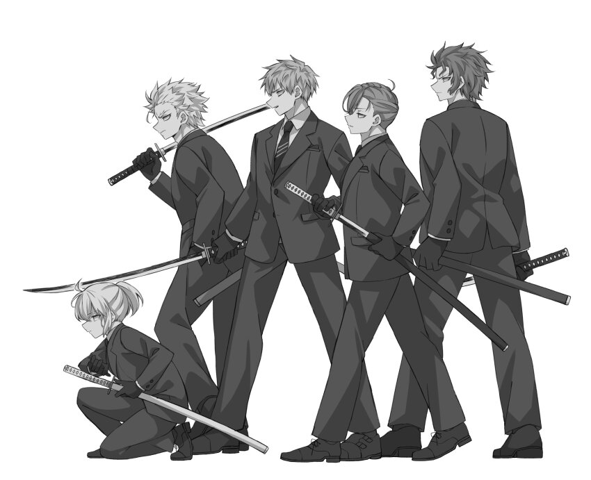 1girl, 4boys, absurdres, alternate_costume, black_footwear, black_gloves, black_hair, black_jacket, black_necktie, black_pants, black_suit, collared_shirt, dress_shoes, fate/grand_order, fate_(series), fighting_stance, formal_clothes, gloves, grey_hair, greyscale, hair_slicked_back, highres, hijikata_toshizou_(fate), holding, holding_sheath, holding_sword, holding_weapon, jacket, katana, kneeling, long_sleeves, monochrome, multiple_boys, nagakura_shinpachi_(fate), necktie, official_alternate_costume, okita_souji_(fate), pants, ponytail, ready_to_draw, saitou_hajime_(fate), saitou_hajime_(second_ascension)_(fate), sheath, sheathed, shirt, short_ponytail, simple_background, standing, suit, suit_jacket, sword, ta_ko_tsu, unsheathed, unsheathing, weapon, white_background, white_hair, white_shirt, yamanami_keisuke_(fate)