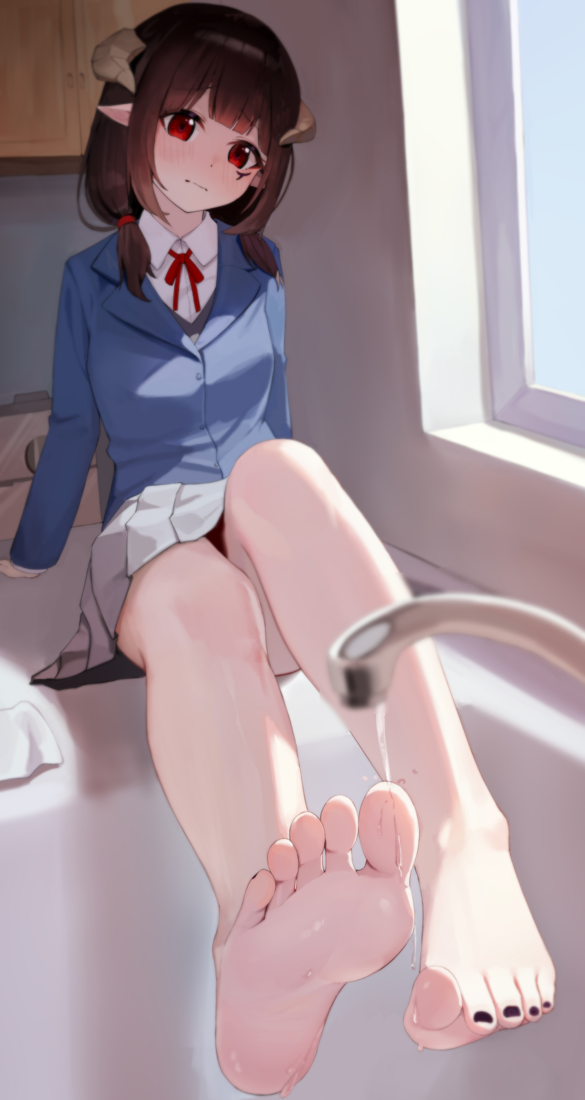 1girl, absurdres, barefoot, black_hair, blush, faucet, feet, highres