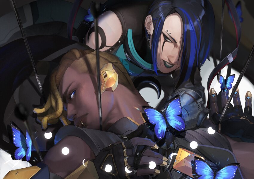 1boy, 1girl, apex_legends, arrow_(projectile), asymmetrical_hair, black_eyeliner, black_gloves, black_hat