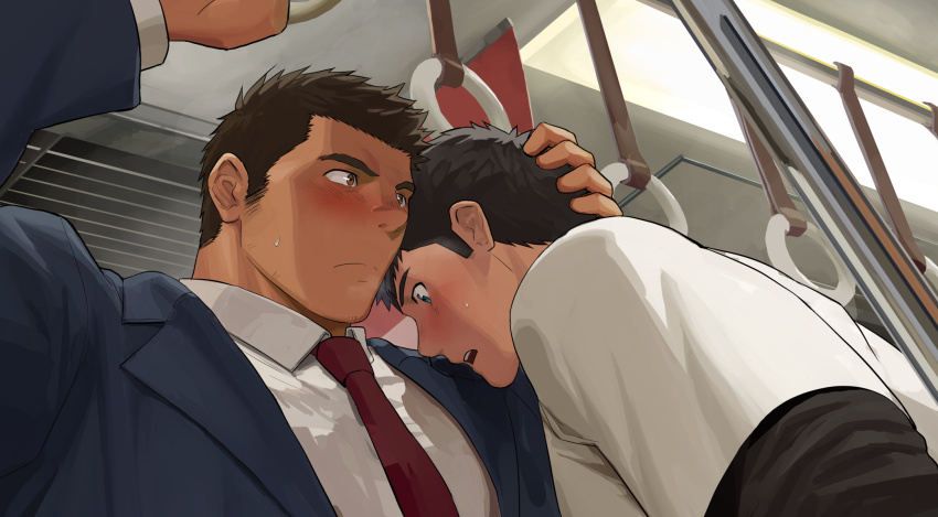 2boys, accident, averting_eyes, bara, black_hair, black_jacket, blue_eyes, blush