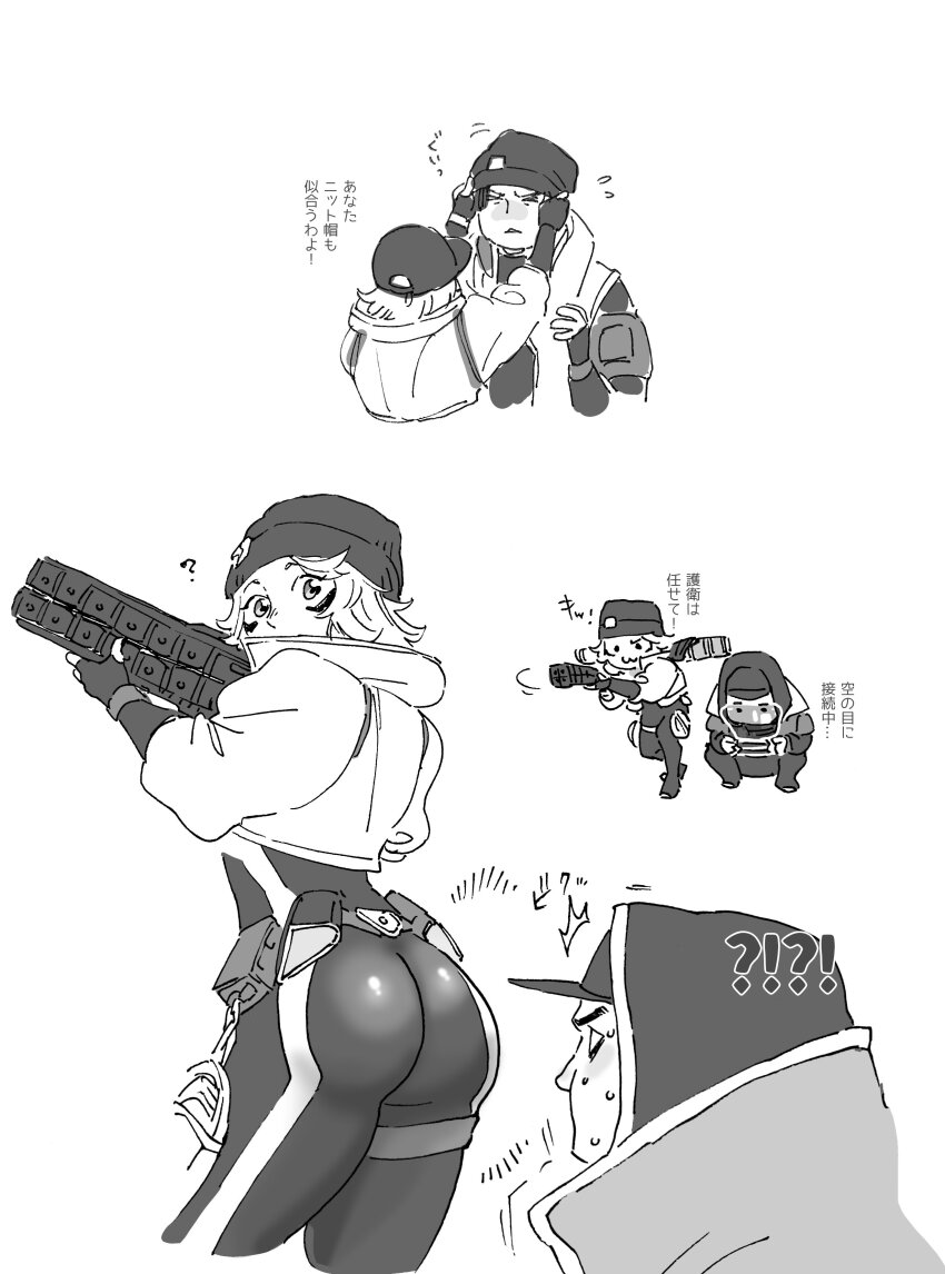 !?, :3, ?, absurdres, animification, apex_legends, ass, baseball_cap, beanie, bodysuit, chibi, chibi_inset, chouson, crypto_(apex_legends), electric_incognito_wattson, fingerless_gloves, gloves, greyscale, gun, hat, highres, holding, holding_gun, holding_weapon, holographic_monitor, jacket, looking_back, looking_up, low_profile_crypto, monochrome, nervous_sweating, official_alternate_costume, solid_eyes, surprised, sweat, translation_request, v-shaped_eyebrows, wattson_(apex_legends), weapon, white_background