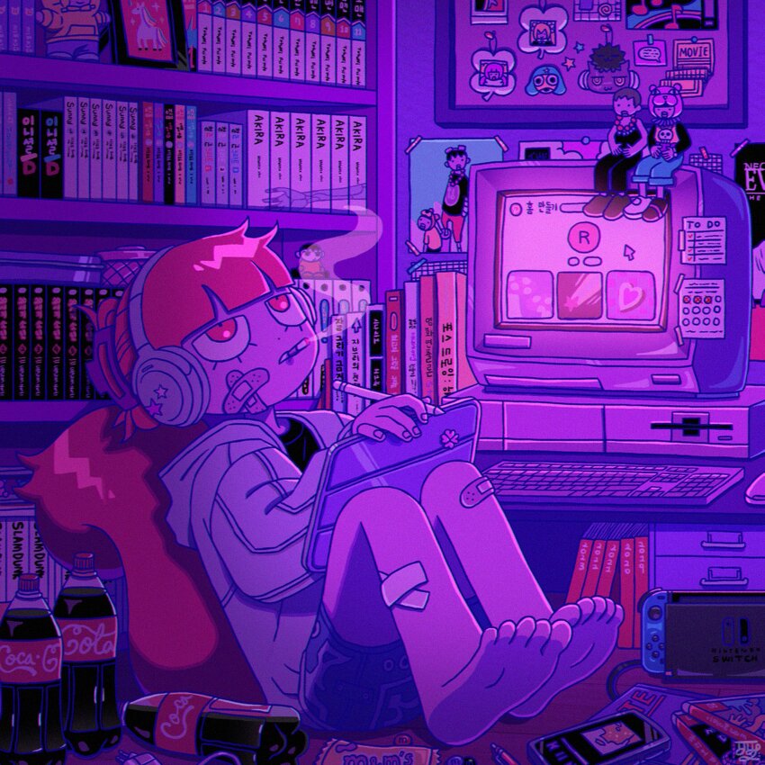 1girl, bandaid, bandaid_on_face, bandaid_on_knee, bandaid_on_leg, barefoot, black_shirt, blunt_bangs, book, bottle, candy, cellphone, cigarette, coca-cola, commentary, cowlick, crossed_bandaids, cursor, daram_(ramdaram), dot_nose, drawing_tablet, dvd_case, food, full_body, highres, holding, holding_stylus, icon_(computing), indoors, jacket, jitome, keroro, keroro_gunsou, computer_keyboard, looking_up, m&amp;m's, monitor, computer_mouse, nintendo_switch, pen, phone, pink_eyes, pink_hair, poster_(object), purple_theme, ramdaram, screen, shirt, shorts, sitting, smartphone, smoking, soda_bottle, soles, solo, squirrel_tail, stylus, untranslatable_commentary, tail, underfity_friends, white_jacket