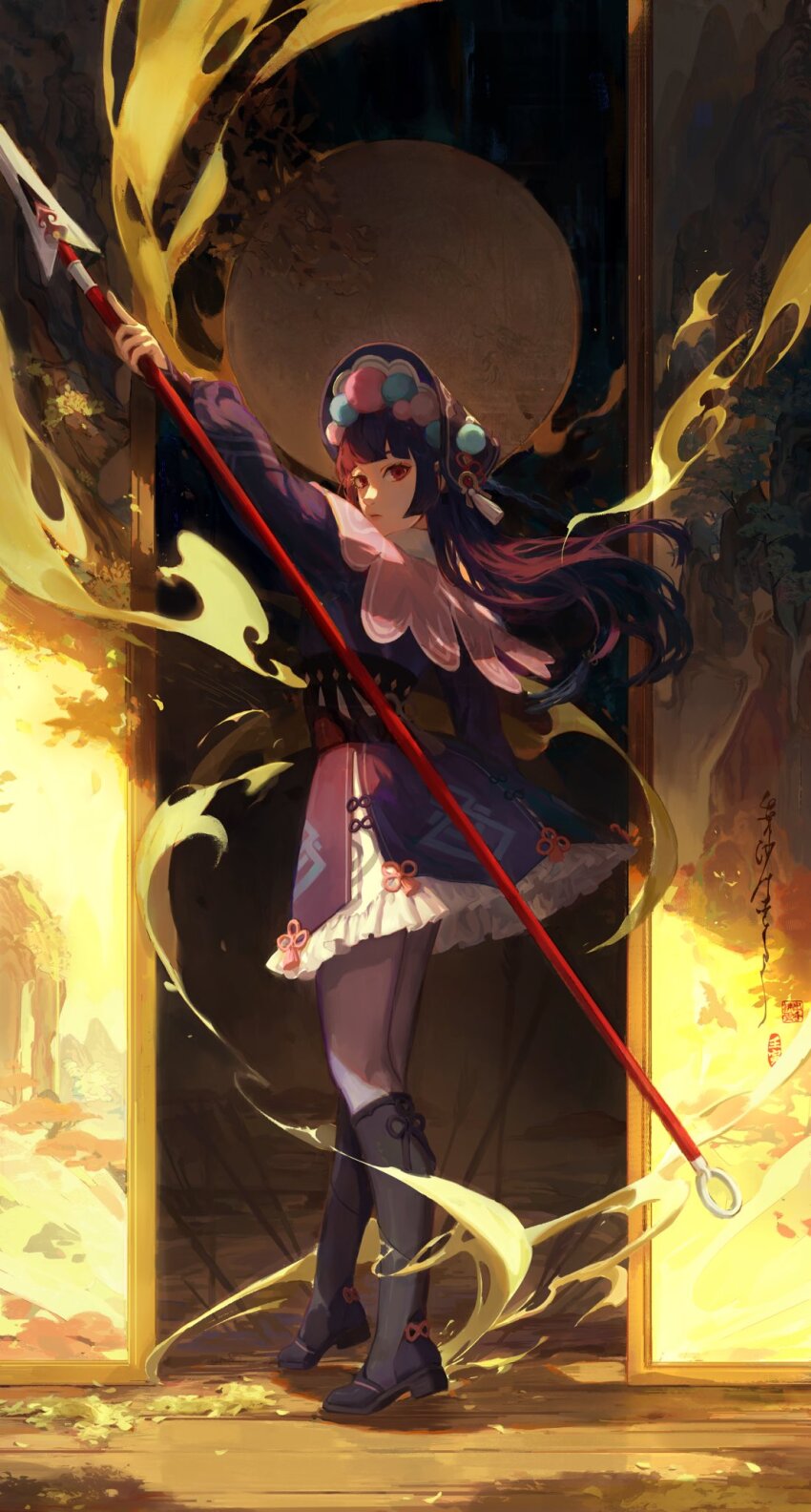 1girl, black_boots, black_dress, black_hair, black_hat, black_sleeves, blunt_bangs, bonnet, boots, capelet, closed_mouth, commentary, dress, expressionless, fire, flower_knot, frilled_dress, frills, from_behind, full_body, genshin_impact, grey_pantyhose, hair_ornament, hat, hat_ornament, high_heel_boots, high_heels, highres, holding, holding_polearm, holding_weapon, hong_(hong11117), indoors, knee_boots, layered_dress, long_hair, long_sleeves, looking_at_viewer, looking_back, mirror, outstretched_arm, pantyhose, polearm, pom_pom_(clothes), pom_pom_hair_ornament, pom_pom_hat_ornament, puffy_long_sleeves, puffy_sleeves, red_eyes, short_dress, sliding_doors, solo, spear, weapon, white_capelet, wooden_floor, yun_jin_(genshin_impact)