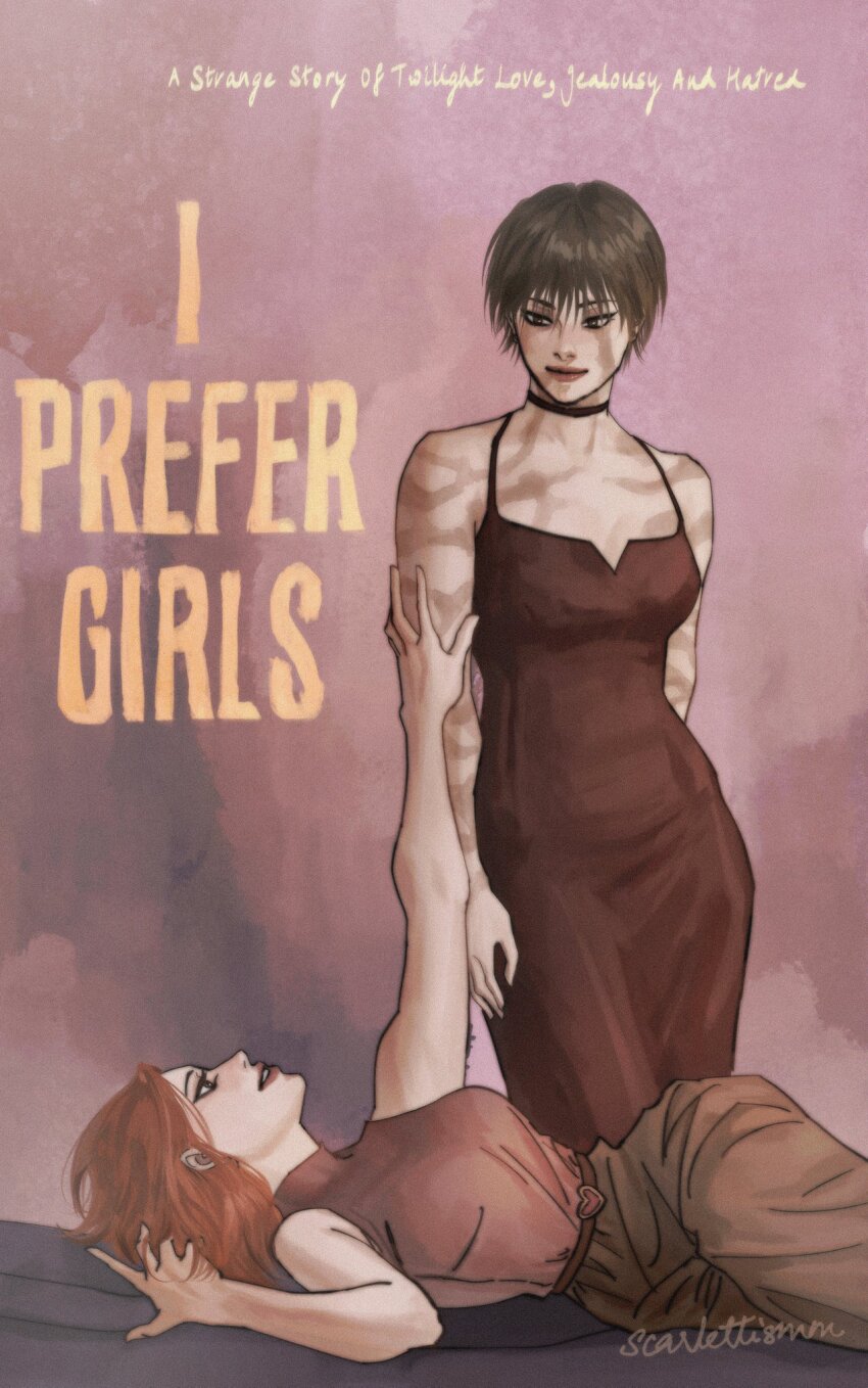 2girls, artist_name, black_choker, black_dress, black_hair, choker, closed_mouth, commentary