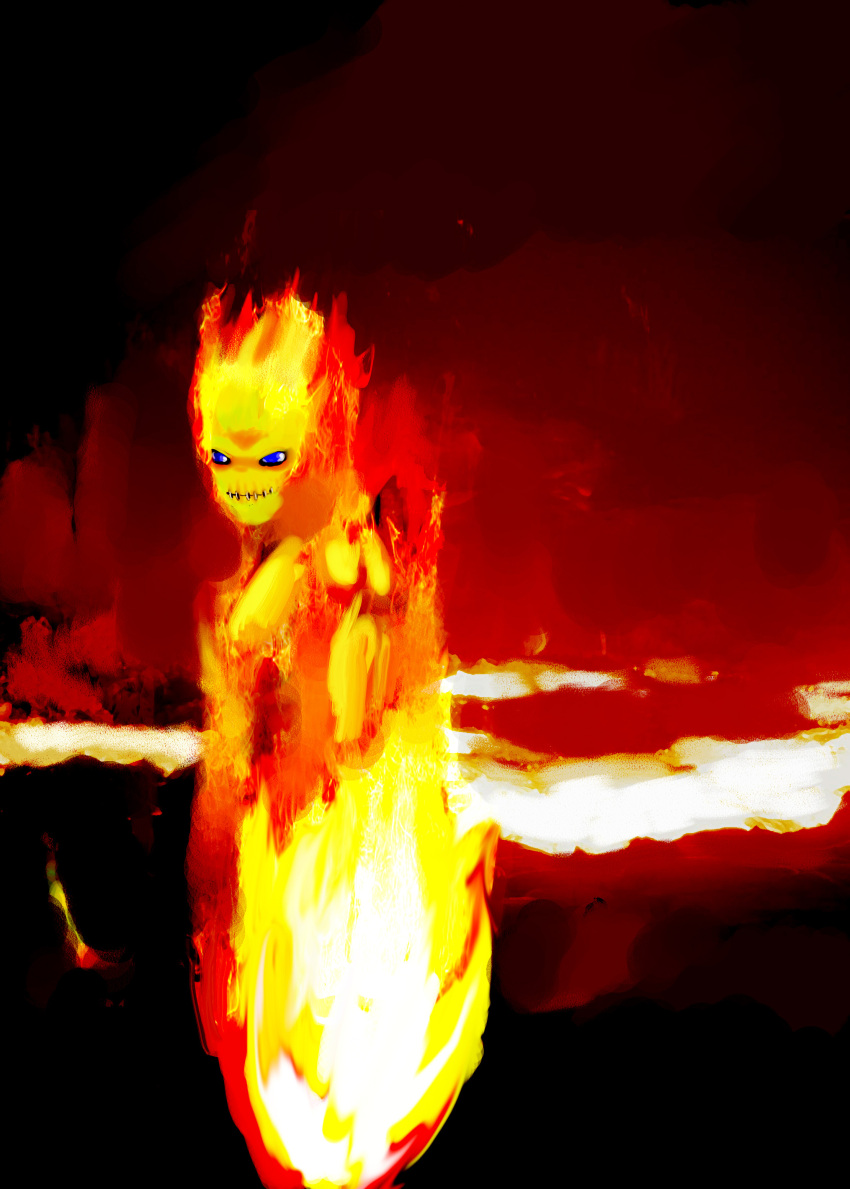 1boy, absurdres, blue_eyes, digimon, digimon_(creature), fire, highres, looking_at_viewer, male_focus, meramon, sewn_mouth, solo