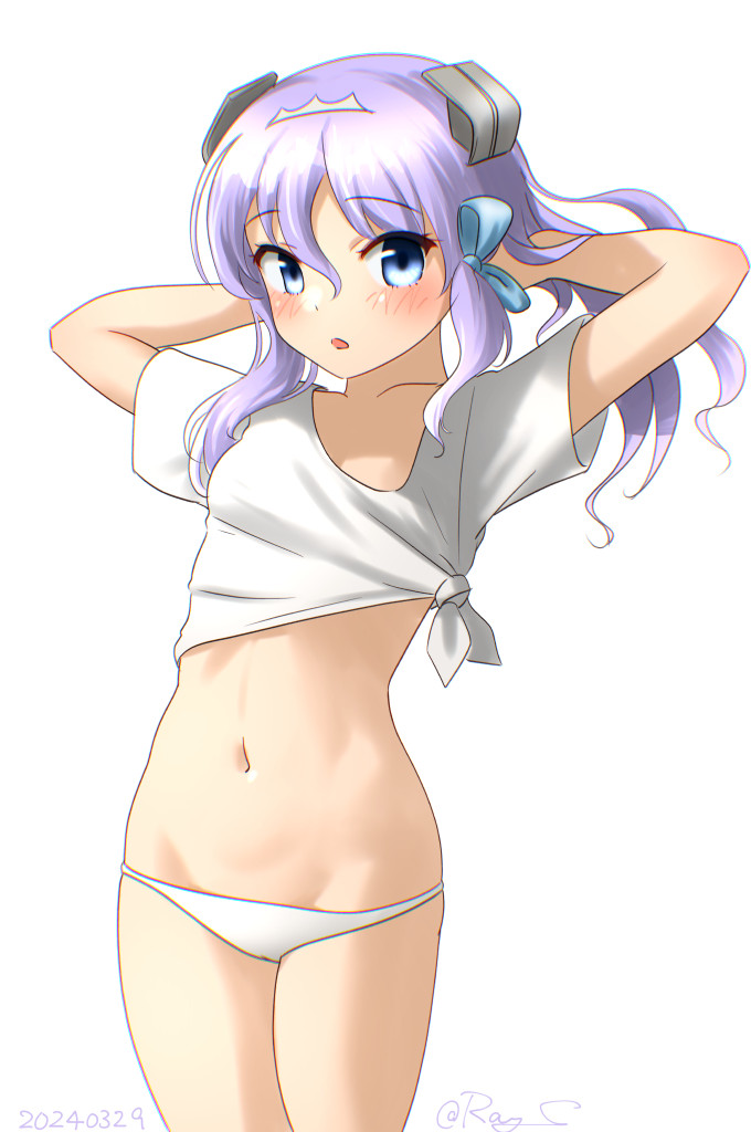 1girl, arms_behind_head, blue_eyes, cowboy_shot, groin, headgear, kantai_collection, langley_(kancolle)