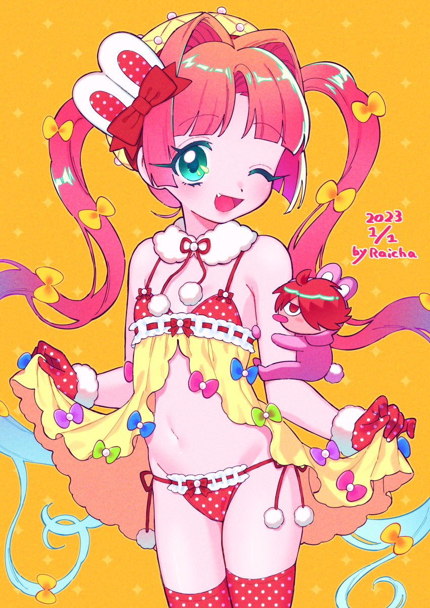 absurdres, bare_shoulders, blue_hair, bow, dot_nose, fang, flat_chest, gloves