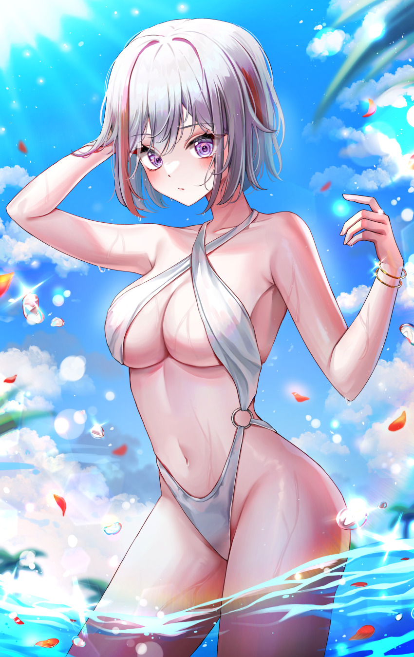 1girl, absurdres, blue_eyes, blue_sky, bracelet, breasts, cloud, contrapposto