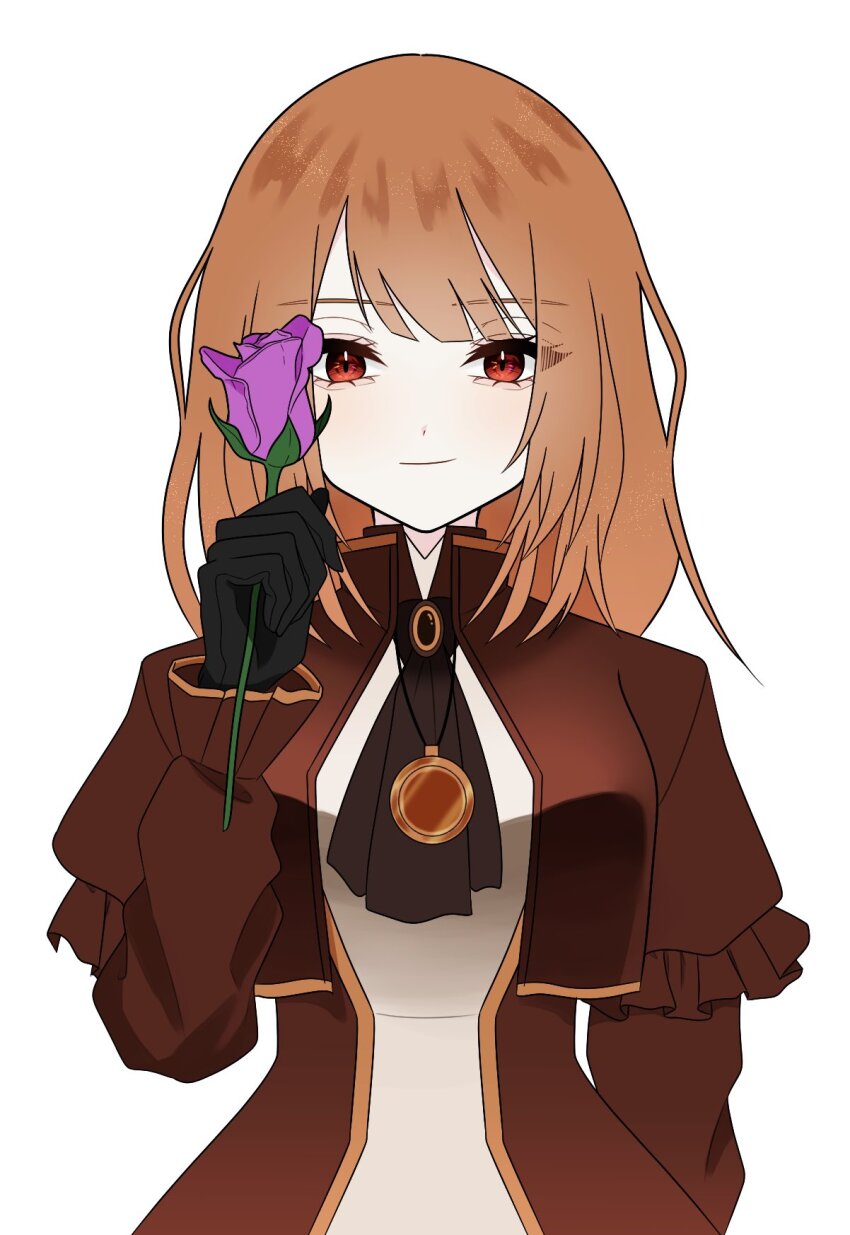 1girl, ascot, black_ascot, brown_dress, brown_hair, catherine_(project_moon), closed_mouth, collared_jacket, cropped_jacket, dress, flower, frilled_sleeves, frills, gold_trim, hand_up, highres, holding, holding_flower, jacket, jewelry, kalmia001, limbus_company, long_hair, long_sleeves, necklace, project_moon, puffy_long_sleeves, puffy_sleeves, purple_flower, purple_rose, red_eyes, rose, simple_background, smile, solo, white_background