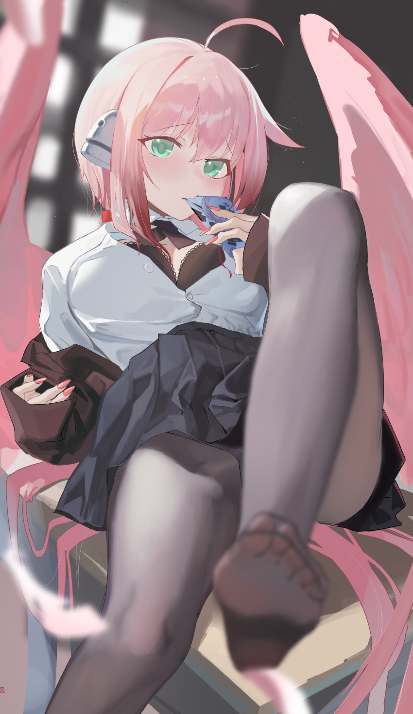1girl, absurdly_long_hair, absurdres, ahoge, angel_wings, black_bra, black_pantyhose, black_skirt, blurry, blush, bra, breasts, depth_of_field, desk, feathered_wings, feet, green_eyes, hafe, highres, ikaros, large_breasts, long_hair, looking_at_viewer, nail_polish, off_shoulder, on_desk, panties, panty_peek, pantyhose, pink_hair, pink_nails, pink_wings, pleated_skirt, school_uniform, shirt, sitting, skirt, solo, sora_no_otoshimono, toes, underwear, very_long_hair, white_shirt, wings