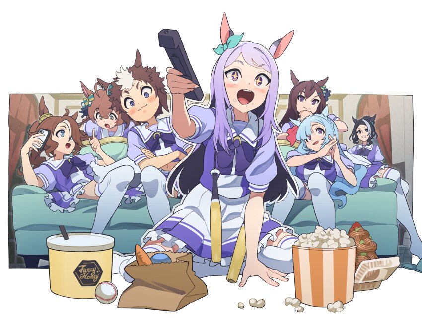 +_+, 6+girls, absurdres, animal_ears, bag, baseball_bat, black_hair, blue_eyes