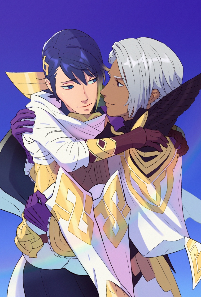 2boys, absurdres, aestyrn, alfonse_(fire_emblem), blonde_hair, blue_eyes, blue_hair, bruno_(fire_emblem), closed_mouth, couple, dark-skinned_male, dark_skin, fire_emblem, fire_emblem_heroes, gradient_hair, highres, looking_at_another, multicolored_hair, multiple_boys, nintendo, yaoi