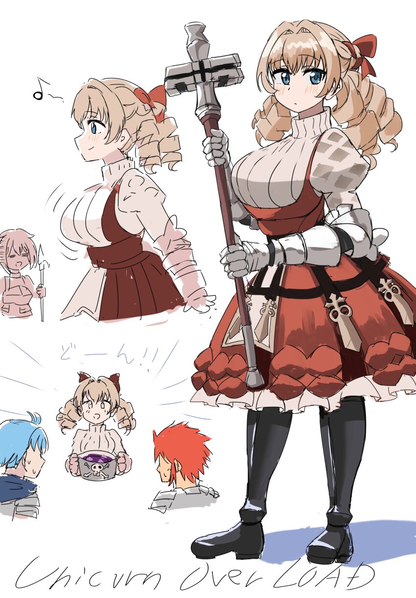 :d, absurdres, alain_(unicorn_overlord), armor, blonde_hair, blue_eyes, boots, bouncing_breasts, braid, breast_envy, breasts, chloe_(unicorn_overlord), dress, drill_hair, english_text, ereka, female_focus, frilled_dress, frilled_skirt, frills, gauntlets, gloves, hair_intakes, hair_ribbon, highres, holding, holding_staff, japanese_text, juliet_sleeves, knee_boots, large_breasts, lex_(unicorn_overlord), long_hair, long_sleeves, open_mouth, pinafore_dress, puffy_sleeves, red_dress, red_ribbon, ribbed_sweater, ribbon, scarlett_(unicorn_overlord), simple_background, sketch, skirt, sleeveless, sleeveless_dress, smile, staff, sweater, turtleneck, turtleneck_sweater, unicorn_overlord, white_sweater