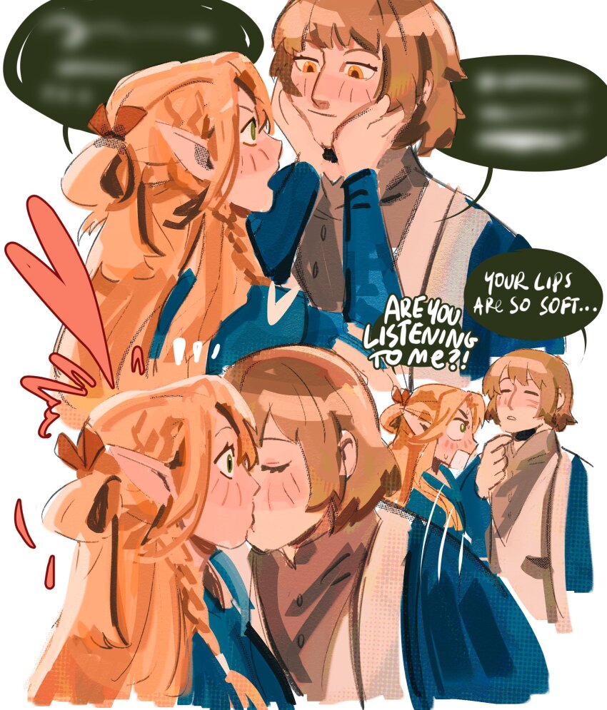 2girls, absurdres, appeiart, blonde_hair, blue_dress, blue_robe, blurry_text, blush, braid, brown_hair, closed_eyes, closed_mouth, commentary, dress, dungeon_meshi, elf, english_commentary, english_text, falin_touden, falin_touden_(tallman), green_eyes, hands_on_another's_face, highres, kiss, long_hair, looking_at_another, marcille_donato, multiple_girls, open_mouth, orange_hair, parted_lips, pointy_ears, robe, short_hair, shouting, simple_background, speech_bubble, sweatdrop, white_background, yuri