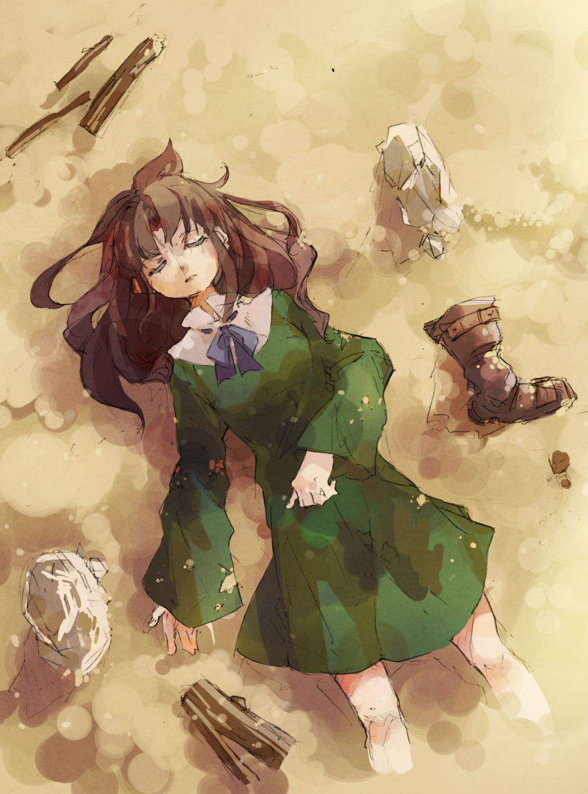 1girl, absurdres, blue_ribbon, boots, brown_hair, closed_eyes, closed_mouth, cropped_legs