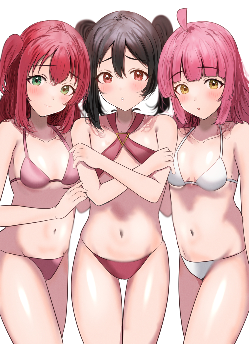 3girls, :o, absurdres, ahoge, bikini, black_hair, blunt_bangs, blush, breasts, closed_mouth, collarbone, commentary, green_eyes, highres, in-franchise_crossover, kurosawa_ruby, long_hair, looking_at_viewer, love_live!, love_live!_nijigasaki_high_school_idol_club, love_live!_school_idol_project, love_live!_sunshine!!, medium_hair, multiple_girls, navel, parted_lips, pink_bikini, pink_hair, red_bikini, red_eyes, red_hair, simple_background, small_breasts, smile, standing, sunya_(honorin-yuunibo), swimsuit, tennoji_rina, twintails, two_side_up, white_background, white_bikini, yazawa_nico, yellow_eyes