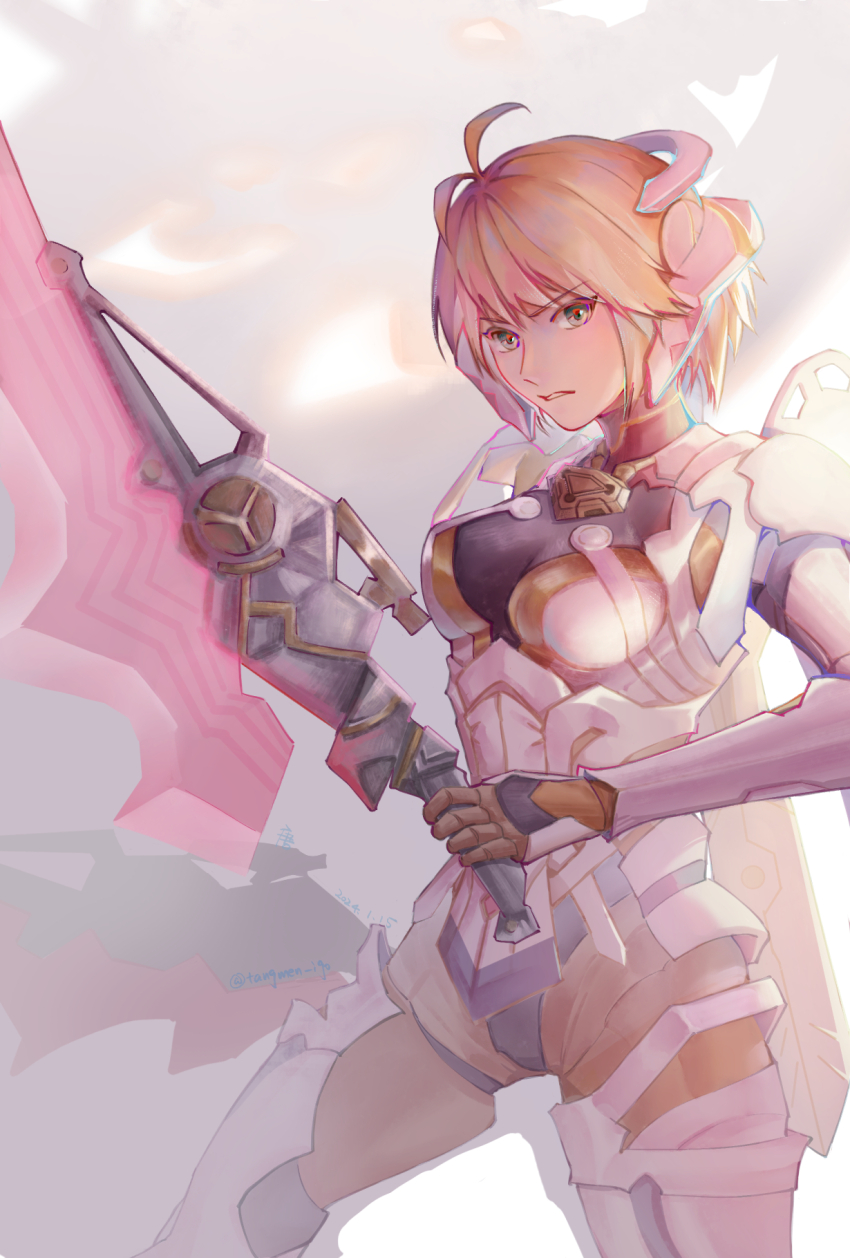 1girl, antenna_hair, armor, blonde_hair, breasts, cyborg, fiora_(xenoblade), gloves, green_eyes, highres, looking_at_viewer, mecha-fiora, medium_breasts, parted_lips, short_hair, simple_background, smile, solo, standing, sword, tangmen_igo, weapon, xenoblade_chronicles_(series), xenoblade_chronicles_1
