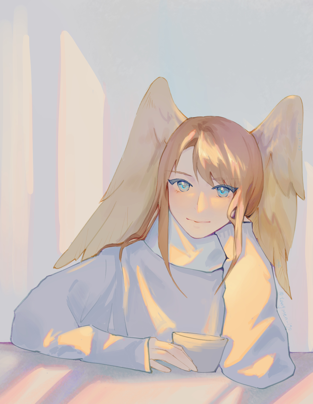 1girl, blue_eyes, blush, colored_eyelashes, cup, eunie_(xenoblade), head_wings, highres