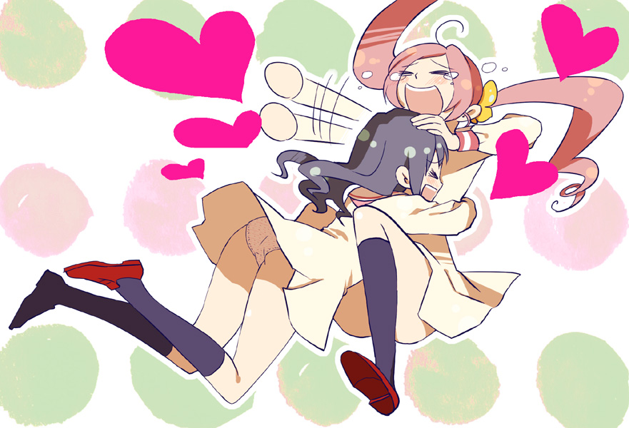 >_<, 2girls, afterimage, ahoge, ass, black_socks, blue_hair, brown_footwear