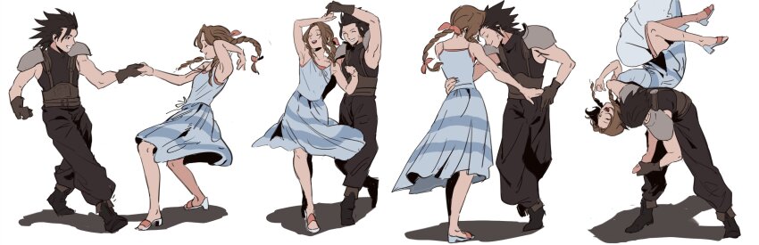 1boy, 1girl, absurdres, aerith_gainsborough, armor, baggy_pants, bare_shoulders, black_gloves