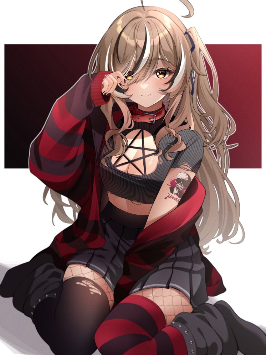 1girl, ahoge, alternate_costume, arm_tattoo, asymmetrical_legwear, black_leg_warmers, black_nails, black_skirt