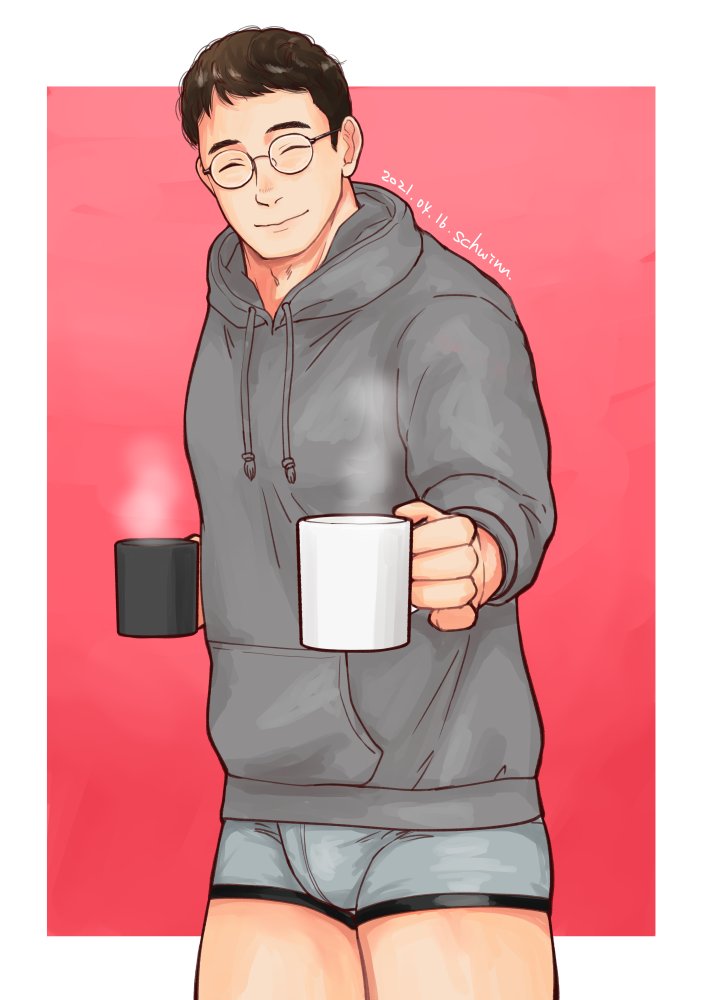 1boy, bara, boxers, bulge, closed_eyes, cup, facing_viewer, glasses, grey_male_underwear, hood, hoodie, incoming_drink, male_focus, male_underwear, mug, no_pants, original, schwinn57, short_hair, sideburns, smile, solo, steam, two-tone_background, underwear