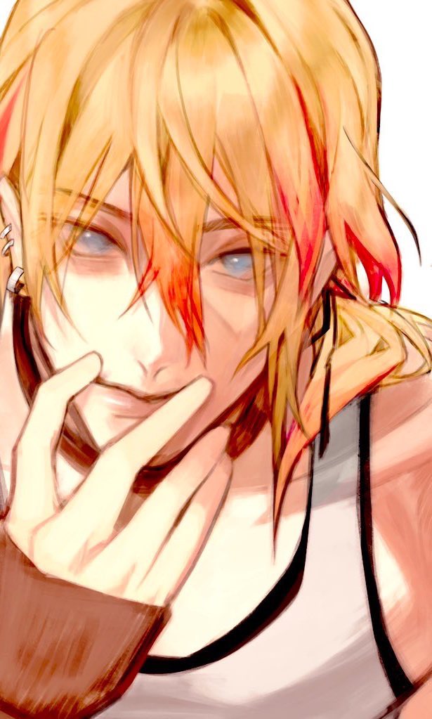 1boy, axel_syrios, axel_syrios_(2nd_costume), blonde_hair, blue_eyes, close-up, commentary, ear_piercing, earrings, english_commentary, hair_between_eyes, holostars, holostars_english, jewelry, long_hair, long_sleeves, looking_at_viewer, male_focus, multicolored_hair, multiple_earrings, nnes_98, piercing, portrait, red_hair, solo, streaked_hair, tank_top, two-tone_hair, virtual_youtuber, white_background