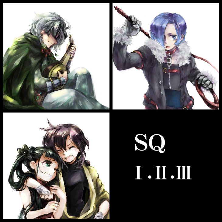 1girl, 3boys, atlus, bard_(sekaiju), bard_3_(sekaiju), belt, blue_eyes, blue_hair