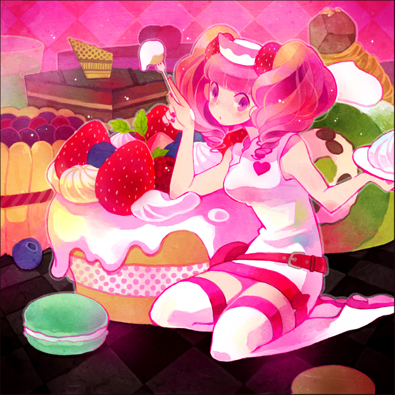1girl, bemani, cake, dress, female_focus, food, fruit, kneeling