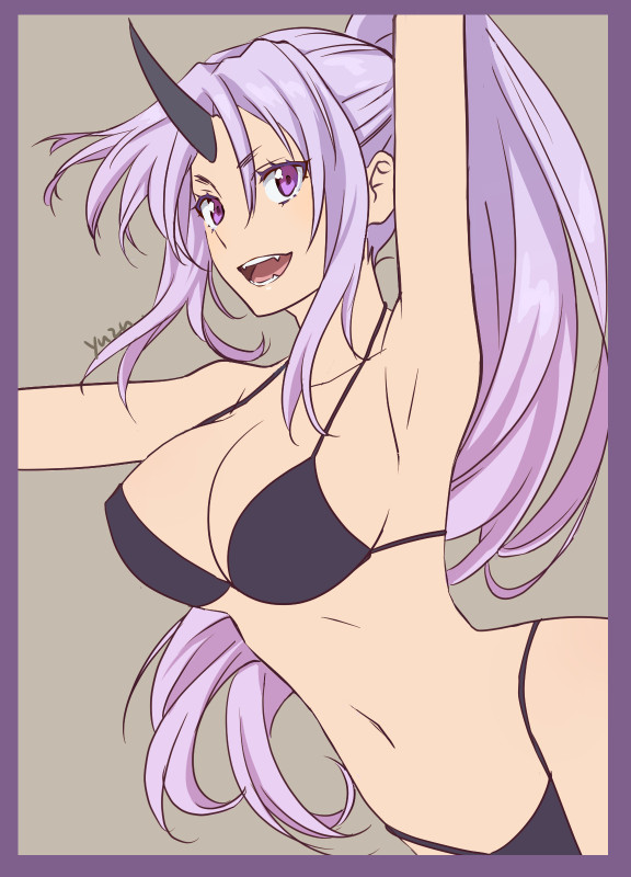 1girl, bikini, black_bikini, breasts, commentary_request, horns, large_breasts, navel, open_mouth, purple_eyes, purple_hair, shion_(tensura), single_horn, solo, swimsuit, tensei_shitara_slime_datta_ken, twintails, upper_body, yuzunoyu