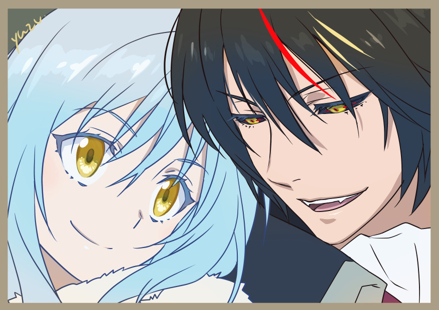 1boy, 1other, black_hair, blue_hair, diablo_(tensura), high_collar, open_mouth, rimuru_tempest, sharp_teeth, short_hair, smile, teeth, tensei_shitara_slime_datta_ken, v-shaped_eyebrows, yellow_eyes, yuzunoyu