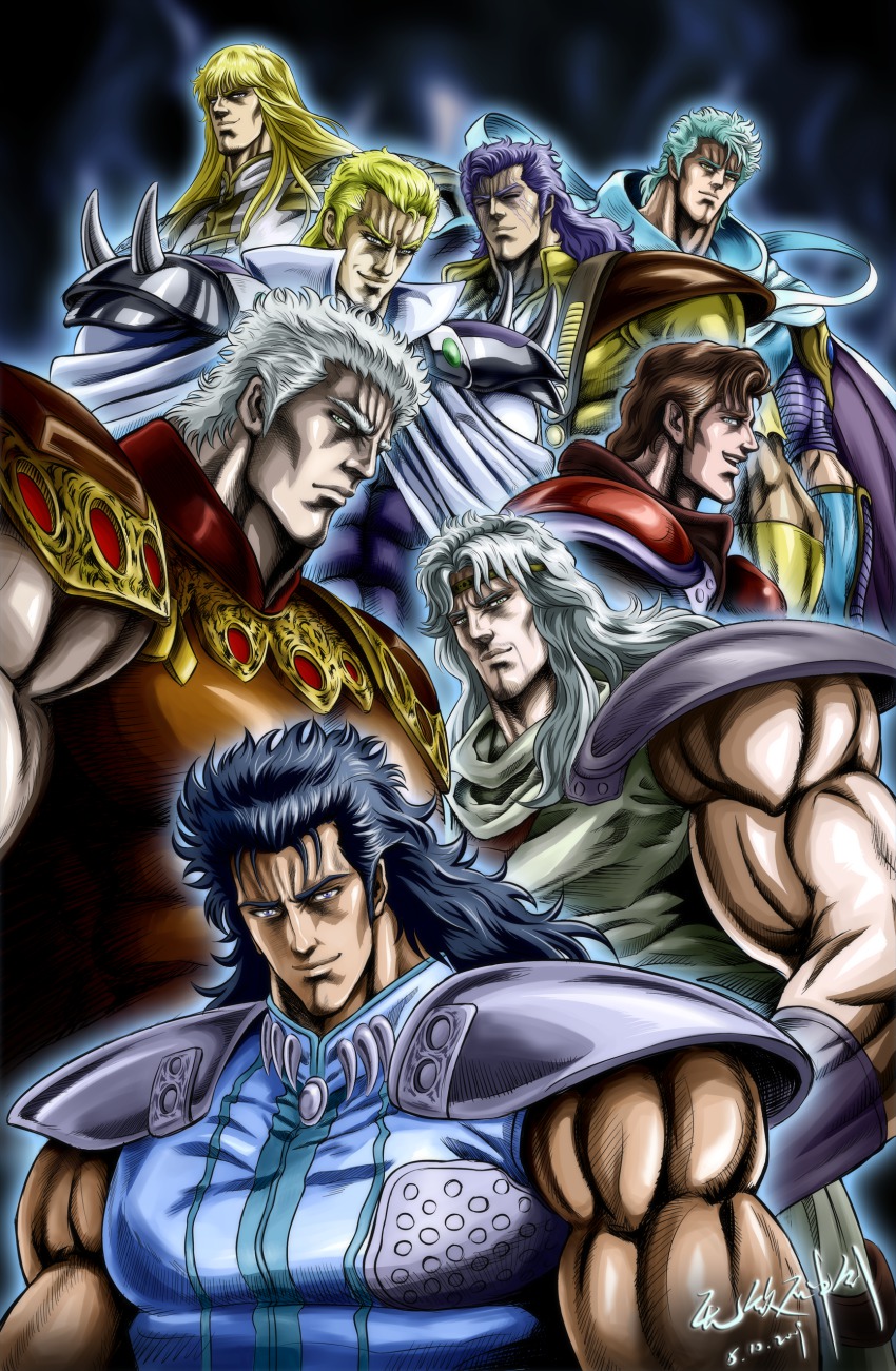 6+boys, absurdres, armor, black_hair, blonde_hair, blue_hair, brown_hair, highres, hokuto_no_ken, juza, male_focus, manly, md5_mismatch, multiple_boys, muscular, pauldrons, raoh, raoh_(hokuto_no_ken), rei_(hokuto_no_ken), resized, resolution_mismatch, ryuga_(hokuto_no_ken), shew, shin_(hokuto_no_ken), shoulder_armor, shu_(hokuto_no_ken), shuralvbu, silver_hair, source_smaller, souther, toki_(hokuto_no_ken), upscaled