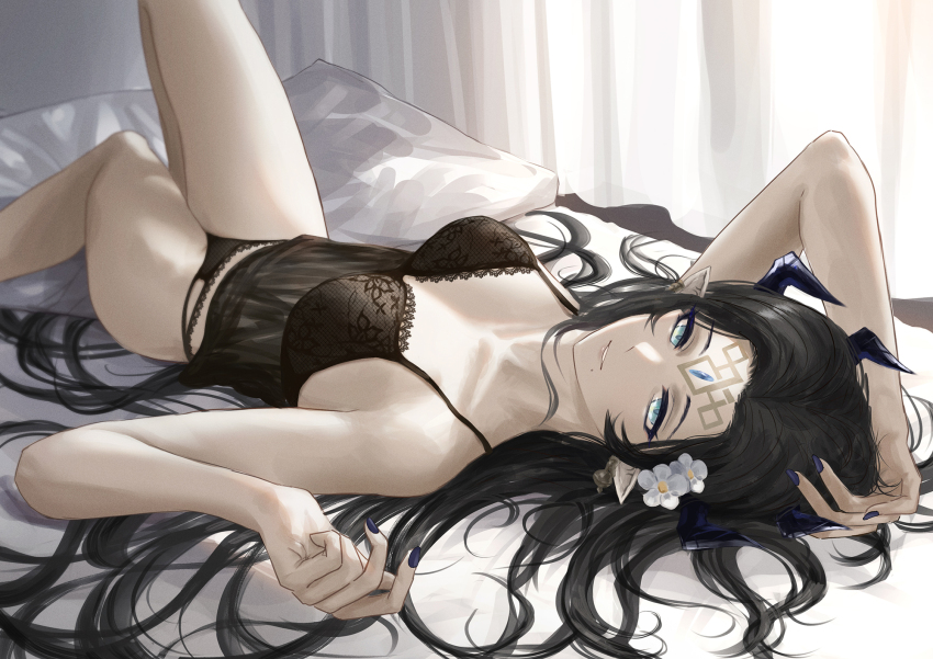 1girl, arknights, black_bra, black_hair, black_panties, blue_eyes, blue_nails, bra, breasts, flower, forehead_jewel, gino_(gino_h), hair_flower, hair_ornament, hair_spread_out, highres, horns, lingerie, long_hair, lying, medium_breasts, mole, mole_under_mouth, nail_polish, on_back, on_bed, panties, pointy_ears, solo, underwear, valarqvin_(arknights)