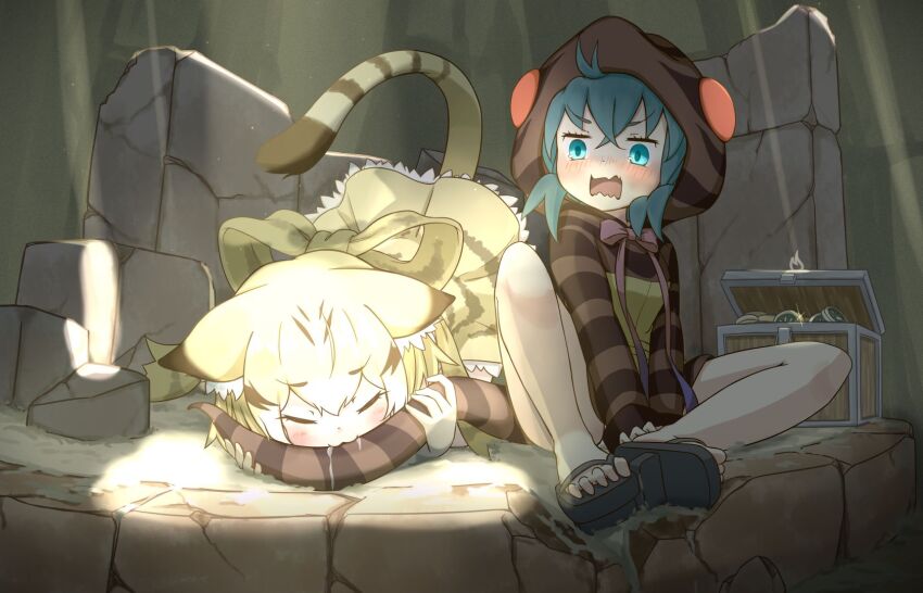 2girls, :3, animal_ears, animal_print, back_bow, bare_legs, biting_another's_tail, blonde_hair, blue_eyes, blue_hair, blush, bow, brown_hair, cat_ears, cat_girl, cat_tail, closed_eyes, ears_down, frilled_skirt, frills, geta, gloves, hair_between_eyes, high-waist_skirt, highres, hood, hood_up, hoodie, japari_coin, kemono_friends, kemono_friends_3, light_rays, long_sleeves, looking_at_another, multicolored_hair, multiple_girls, onefiresticks, print_hoodie, print_skirt, saliva, sand_cat_(kemono_friends), short_hair, sidelocks, sitting, skirt, snake_girl, snake_print, snake_tail, surprised, tail, tengu-geta, treasure_chest, tsuchinoko_(kemono_friends), wavy_mouth, white_gloves, white_hair