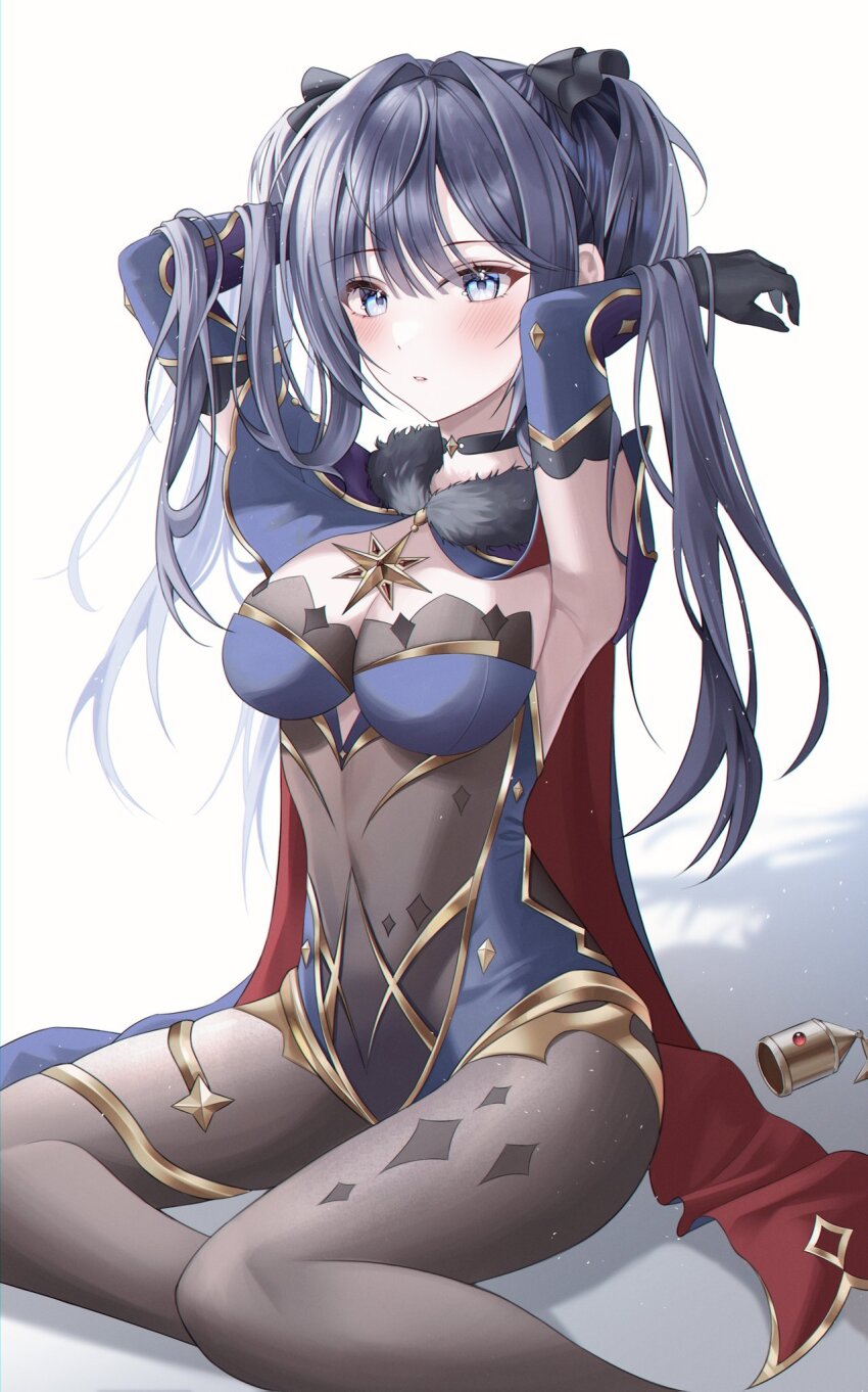 1girl, arm_behind_head, armpits, black_choker, black_gloves, black_hair, black_pantyhose, blue_eyes