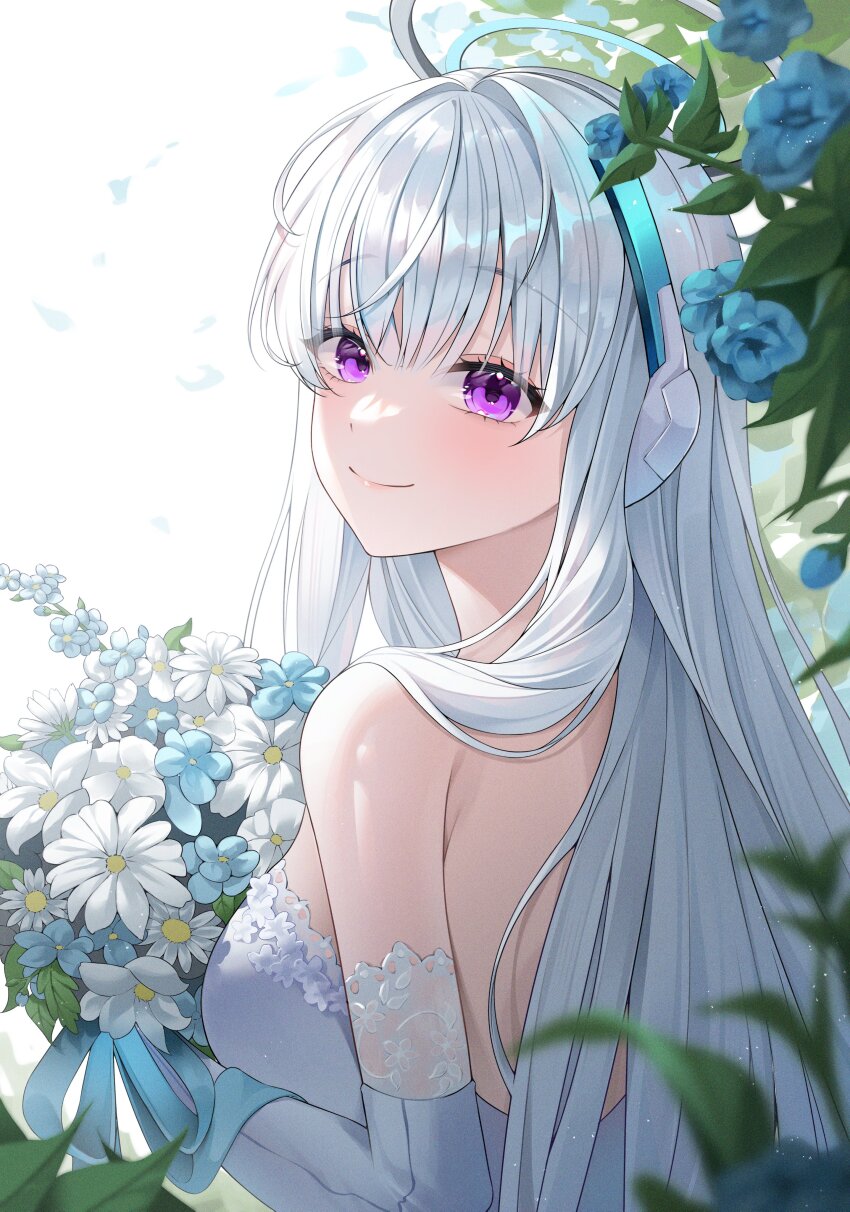 1girl, absurdres, alternate_costume, bare_back, blue_archive, blunt_bangs, blurry, bouquet