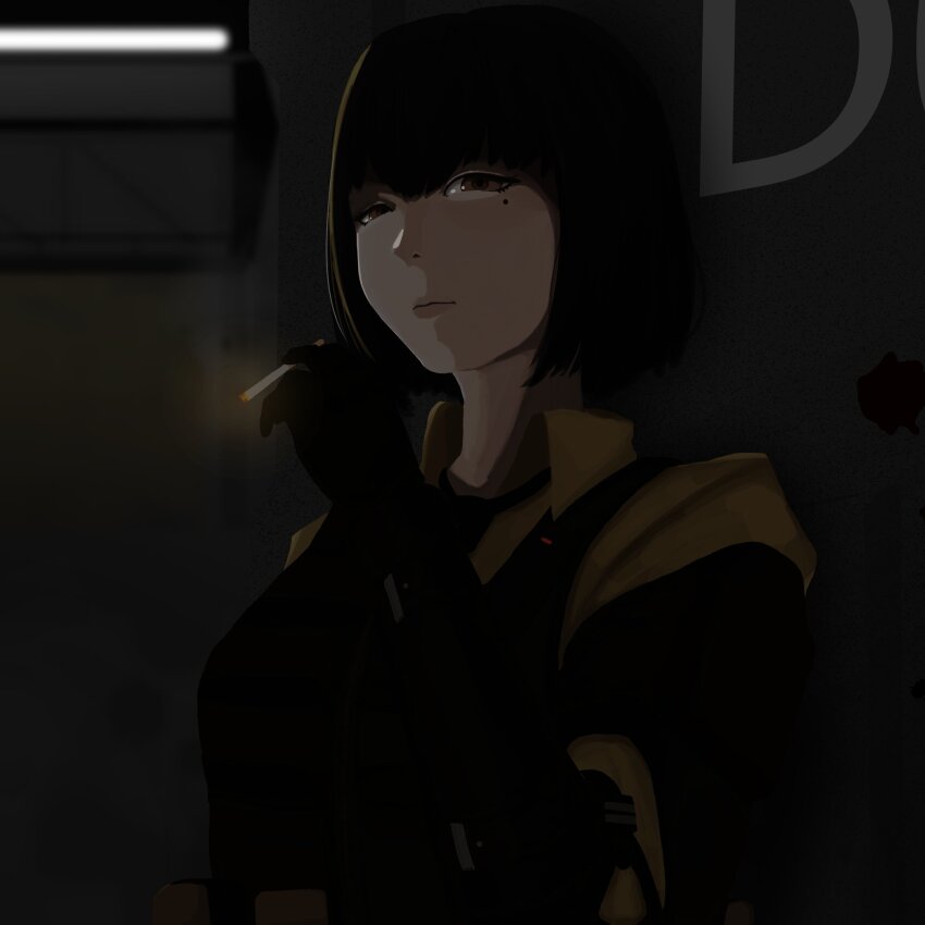 armor, black_gloves, black_necktie, brown_eyes, brown_hair, cigarette, closed_mouth, girls'_frontline