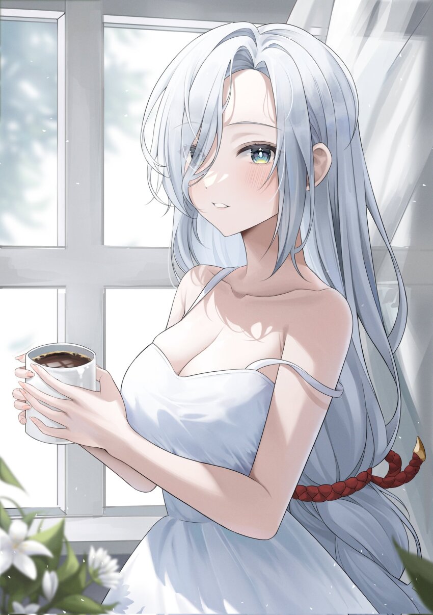 1girl, alternate_costume, braid, breasts, casual, cleavage, coffee_mug, collarbone