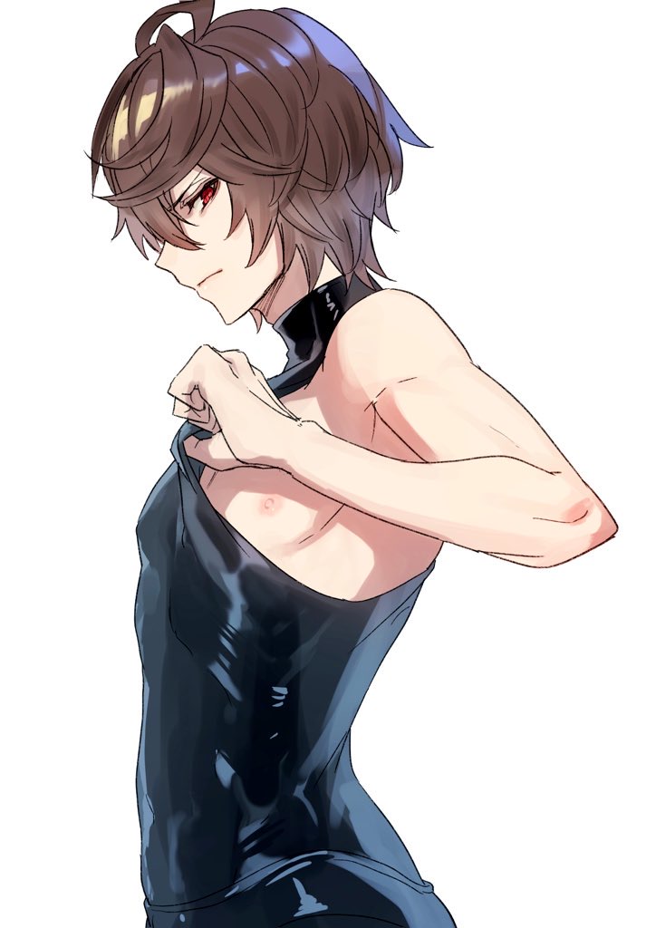 1boy, ahoge, annoyed, armpit_crease, bishounen, brown_hair, clothes_pull, commentary_request
