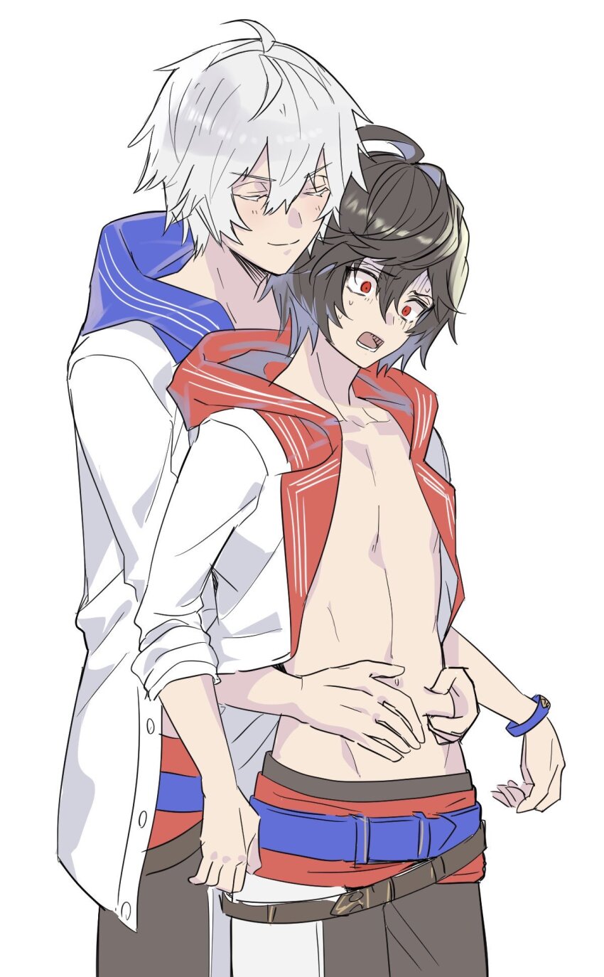 2boys, ahoge, alternate_costume, arms_at_sides, belt, bracelet, brown_hair, closed_eyes