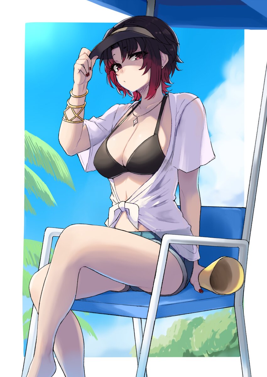 1girl, absurdres, beach, bikini, bikini_under_clothes, black_bikini, black_hair, blue_shorts