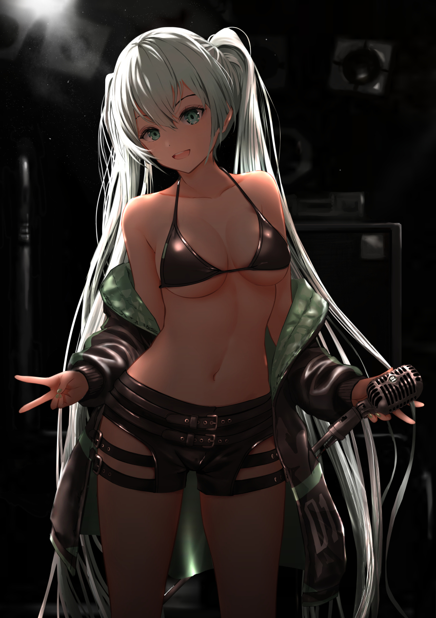 1girl, :d, absurdres, aqua_hair, backlighting, bare_shoulders, belt, belt_buckle, bikini, bikini_top_only, black_bikini, black_shorts, breasts, buckle, cleavage, collarbone, commentary_request, cowboy_shot, curvy, eyebrows_hidden_by_hair, eyelashes, gibun_(sozoshu), green_eyes, green_nails, hatsune_miku, head_tilt, highres, holding, holding_microphone_stand, indoors, light_particles, long_hair, long_sleeves, looking_at_viewer, medium_breasts, microphone_stand, midriff, nail_polish, navel, no_shirt, open_mouth, revision, short_shorts, shorts, shure_55sh, smile, solo, stomach, swimsuit, thighs, tsurime, twintails, v, very_long_hair, vocaloid