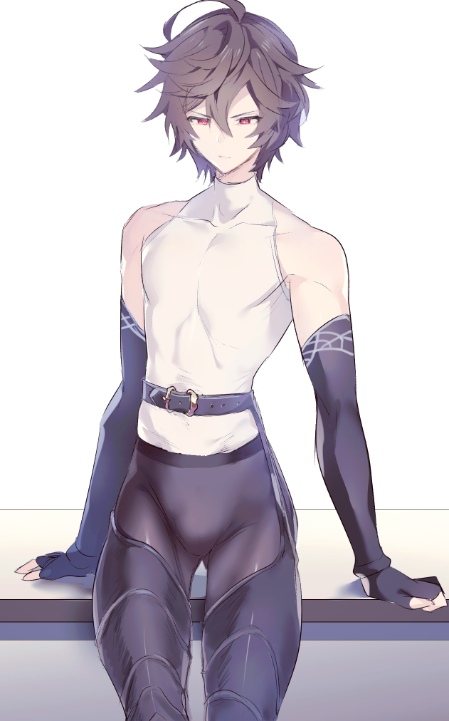 1boy, ahoge, arm_support, belt, black_belt, brown_hair, buckle, bulge